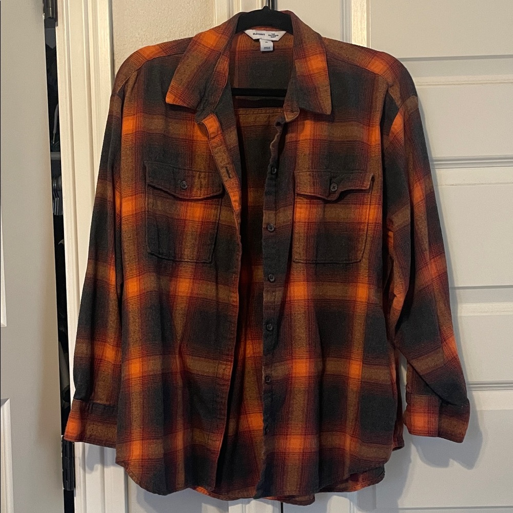 Old Navy Orange and Charcoal Grey Plaid Shirt